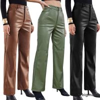 ☾DM❥Women Leather Pants, High Waist Straight Slimming Side Pockets Solid Color Casual Party Fall Pants