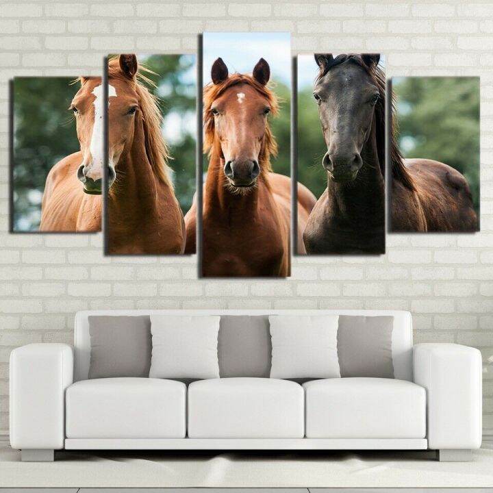 three-horses-สีน้ำตาลม้าสัตว์ผ้าใบพิมพ์ภาพวาด-wall-art-5แผง-hd-พิมพ์โปสเตอร์สำหรับตกแต่งบ้าน-ไม่มีกรอบภาพ5ชิ้น