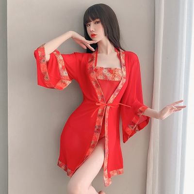 ▩℡▣ Sexy Chinese Traditional Lingerie Costume Kimono Net Gauze Bellyband Pajamas Sexy Nightdress Nightgown Set 7970