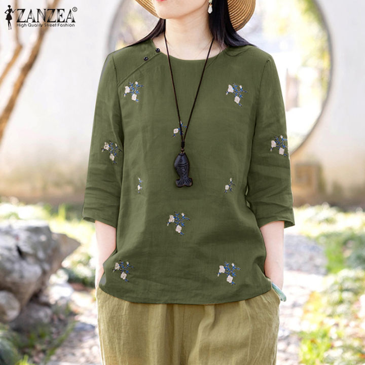 สินค้ามาใหม่-จัดส่งฟรี-fancystyle-zanzea-เสื้อสตรีแบบสวมหัวเสื้อเย็บลายดอกไม้ผ้าฝ้ายคอกลมวินเทจ-2