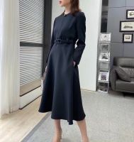 【YF】 2023 Spring Long Sleeve Fit and Flare Silk Wool Blend Formal Midi Dress