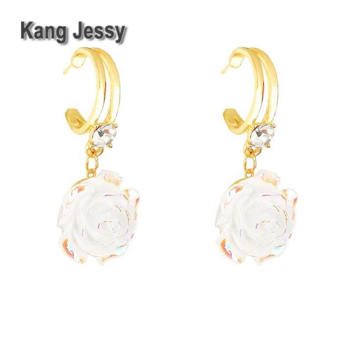 kang-jessy-925-ต่างหูดอกกุหลาบสีขาวเข็มเงินแฟชั่นไม่สมมาตรออกแบบเฉพาะกลุ่มต่างหูฝรั่งเศสขั้นสูงต่างหู