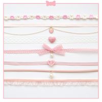 ♂┅▽ Fashion Womens Choker Necklace Lovely Gothic Pink Lace Pearl Pendant Elastic Short Clavicle Necklace Jewelry Gift For Girls