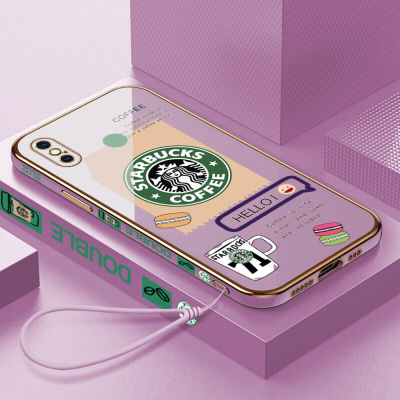 เคสเคสมือถือสำหรับ iPhone XS MAX พร้อมฟรีสายคล้อง + โลโก้ Starbucks แฟชั่นเคสขอบสี่เหลี่ยมชุบฝาหลังนิ่ม