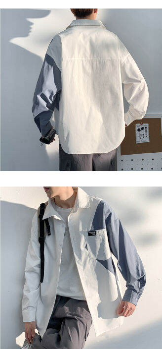 gmakzd-เสื้อเชิ้ตแขนยาวคอปกผู้ชาย-เสื้อวัยรุ่นลำลองแบบมีกระเป๋า-oversize-ลายเกาหลีแฟชั่น-ผ้าไม่ติดตัว-ใส่สบา