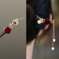 Retro Rose Hair Stick Pearl Pendant Classic Vintage Hanfu Cheongsam Flower Hairpin Elegant Hair Forks Clips Sweet Hair Haberdashery