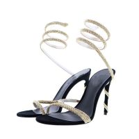 2023 New Round Head Rhinestone Slotted High Heel Sandals Fashion Open Toe Slim Heel Sexy Dress Womens Large Sandals