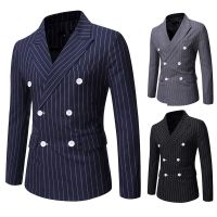 ZZOOI 2022 New Mens Striped Casual Double Breasted Suit European Size Mens Fitted Suit Jacket Blazer Masculino