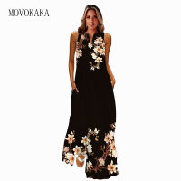 MOVOKAKA Long Summer Dress Women Vintage Casual Beach Sleeveless V Neck Black Flowers Print Vestidos Elegant Maxi Dresses Party