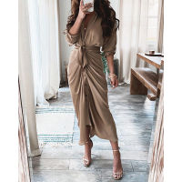 Autumn Womens OL Commuting Solid Color Robe Ruffles Temperament Casual Dresses Ladies Buttons Waistband Elegant Dress Vestidos