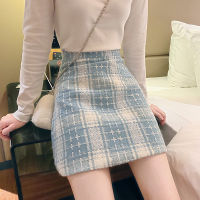 Korean Plaid Tweed Skirts Women High Waist Woolen Skirt Zipper Autumn Winter Shorts Skirt Plus Size Vintage Pencil Slim M296