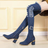 JYMY Boots Denim ยาวรองเท้าบูทผู้หญิงผ้ายืดหยุ่นสำหรับเด็ก,รองเท้ารองเท้าส้นหนาแฟชั่นและกระชับสัดส่วน,รองเท้าบูทเหนือเข่า