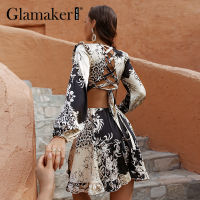 Glamaker Sexy backless white mini dress Summer autumn ruffle A-line dress Holiday beach lace up women elegant fashion shortdress