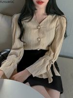 ☏ 2022 Women V Neck Tops Korean Style Date Hot Girls Flare Sleeve Temperament Lady Button Shirts Blouses 1422