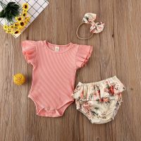 New Summer Infant Clothes Baby Girl Ruffled Ribbed Bodysuit Girls Floral Shorts Headband Newborn 3Pcs Set  by Hs2023