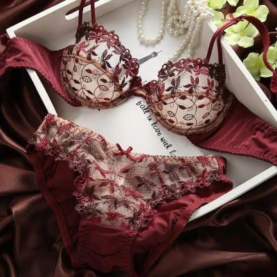Large size ultra-thin lace embroidered push up bra set Non-sponge underwear lace panties womens lingerie set ace embroidery mesh Breathable bra