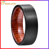 BONLAVIE 8mm Width Tungsten Carbide Ring Black Brushed Surface Wooden Inner Ring Tungsten Steel Wedding Band Mens Ring