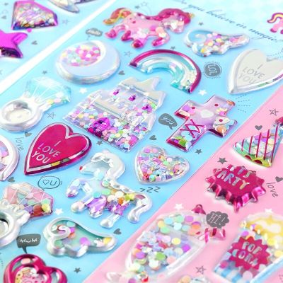 5 Sheets Fashion Princess Glitter Stickers Shiny Bling Sequin Quicksand Unicorn Stars Cosmetic Sticker Decoration Toys Reusable Stickers Labels