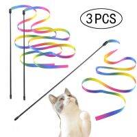 （A LIKE077）3Pcs Cat Sticks ริบบิ้นสายรุ้งสีสันสดใสสองด้านของเล่นติดตลกสำหรับสัตว์เลี้ยง Interactive Teaser Supplies