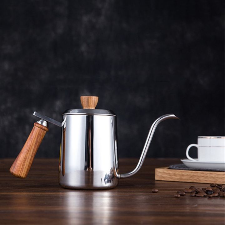 300600ml-สแตนเลสกาต้มน้ำกาแฟ-gooseneck-spout-pour-over-บางปาก-r-หม้อชา-scale-ไม้-handle