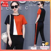 Set 2 ชิ้นเสื้อพร้อมกางเกง New summer sportswear suit female two-piece suit Korean style  loose casual was thin nine-point pants suit. clothes-tz156