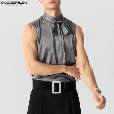 INCERUN เสื้อแขนกุดคอกลมสำหรับผู้ชาย,เสื้อแขนกุดผ้าซาตินผูกเชือกเสื้อกั๊กแฟชั่น (สไตล์ตะวันตก)