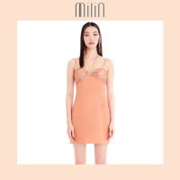 [MILIN] Satin with sequin ruched front halter neck fitted mini dress เดรสั้นคล้องคอเข้ารูป จับจีบด้านหน้าพร้อม ดีเทลวงแหวน ผ้าซาตินผสมเลื่อม Ariel Dress สีส้ม/ สีขาว