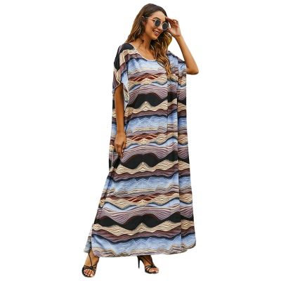 ผู้หญิงชายหาดครึ่งแขน Crewneck Maxi Dress ตะวันออกกลางตุรกี Kaftan Multicolor Wave ลายพิมพ์บิกินี่ Cover Up