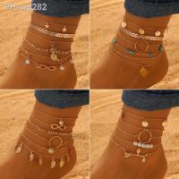 【CW】☇▲  Beach Anklet Set Gold Color Chain Leg Ankle Female Jewelry