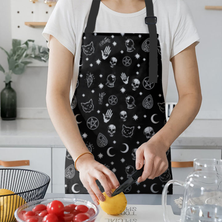 apron-kit-black-witch-skull-moon-divination-kitchen-bib-oven-mitts-for-cooking-woman-kids-aprons-cuff-baking-accessories