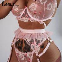 New Women Lingerie Pink Bra and Panty Sensual Lace Sheer Underwear Langerie Floral Embroidery Transparent 3pcs Patchwork Costume