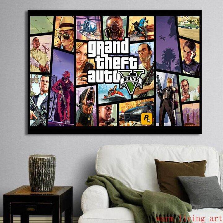 โปสเตอร์วิดีโอเกม-gta-5แกรนด์ขโมยภาพงานศิลปะสำหรับตกแต่งผ้าใบวาดภาพอุปกรณ์ตกแต่งบ้านเกมติดผนังสำหรับห้องนั่งเล่น