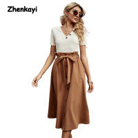 Zhenkayi 2022 Spring New Solid Color Single-breasted Mid-length A-line Skirt Bow Tie Skirt Women