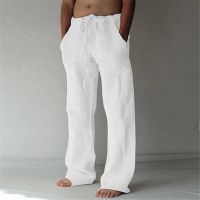 Men Casual Pants Solid Full Length Soft Linen Pants Mid Waist Pocket Drawstring Trousers Streetwear Y2K Loose Trousers