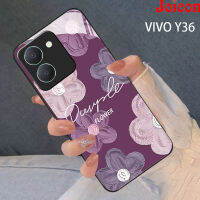 ใหม่เคสโทรศัพท์กระจกสำหรับ VIVO Y36 5G Y36 4G Y27 5G ฝาครอบกระจกเทมเปอร์ลูกบอลลายดอกไม้สีน้ำเงินม่วงหรูหราขอบตรงปกป้องเลนส์กล้องฝาหลังกันกระแทก