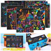 Magic Rainbow Color Scratch Art Paper Card Set With Graffiti Stencil Drawing Board Stick DIY Art Painting Educational Toys Gift