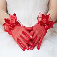 ✟ Wedding Bridal Gloves Ruffle Mesh Bowknot White Red Elegant Short Wrist Brides Bridesmaid Gloves Women Marriage Accessories