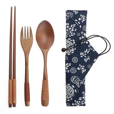 Wood Bamboo Portable Flatware Set Tableware Wooden Forks Cutlery Sets Travel Dinnerware with Cloth Pouch Bag Outdoor Pack Gift Flatware Sets