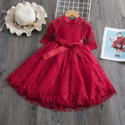 〖jeansame dress〗สาวสีแดงแต่งตัวสำหรับเด็กคริสต์มาสชุดเจ้าหญิงลูกไม้เย็บปักถักร้อยวันเกิดงานแต่งงาน Vestidos เด็กเสื้อผ้าฤดูใบไม้ร่วง