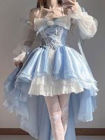 Spot parcel post Blue lolita Dress Dress Design Short Front and Long Back Flower Wedding Heavy Work Big Bow Tail Princess Skirt