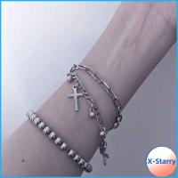 X-STARRY เงินสีเงิน กำไลข้อมือโลหะ อุปกรณ์เครื่องประดับอัญมณี สองชั้น สร้อยข้อมือไม้กางเขนหลายชั้น แฟชั่นสำหรับผู้หญิง ที่ห้อยข้อมือ สร้อยข้อมือฮิปฮอปพังก์ สำหรับผู้ชาย