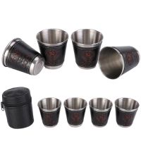 4Pcs/lot 70ml or 30ml Outdoor Camping Tableware Travel Cups Set Picnic Stainless Steel Wine Beer Cup Whiskey Mugs PU Leather