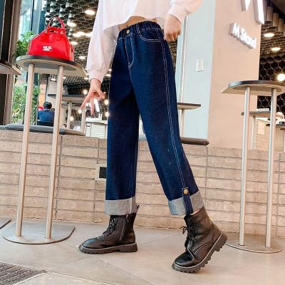 [COD] Girls jeans spring and autumn 2023 new straight casual elastic big childrens trousers wide-leg