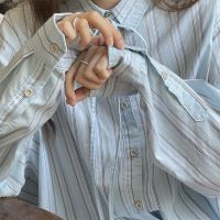 ✧❃✌ Sea salt blue tie striped shirt womens loose preppy style 2022 early autumn new design shirt!