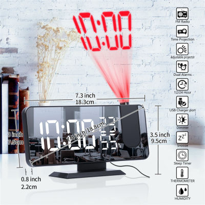 วิทยุ FM นาฬิกาปลุกดิจิตอลอุณหภูมิความชื้นที่มี180 ° เวลาโปรเจคเตอร์นาฬิกาตั้งโต๊ะอิเล็กทรอนิกส์1224ชั่วโมงเลื่อนฉาย LED นาฬิกา x78