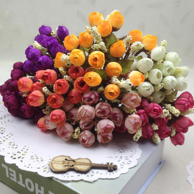 24ซม. หลายสี15หัว Rose ดอกไม้ขนาดเล็ก Bud ตกแต่งช่อดอกไม้งานแต่งงาน Retro ดอกไม้ปลอมปาร์ตี้ DIY ตกแต่ง