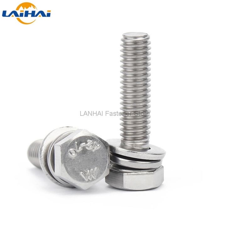 1-10pcs-m4-m5-m6-m8-m10-m12-304-stainless-steel-external-hex-hexagon-head-sem-screw-flat-washer-spring-gasket-assemble-bolt