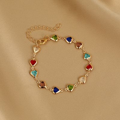 Exquisite Colorful Heart Bracelet For Women Charm Korean Crystal Zircon Metal Chain Bracelets&amp;Bangle Party Birthday Jewelry Gift