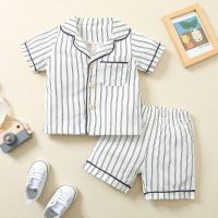 Two Piece Striped Print Baby Kids Boys Pajamas Sets Summer Cotton Linen Short Sleeve Button Shirt High Waist Shorts 2pcs Suit