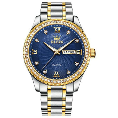 OLEVS Mens Casual Stainless Steel Watch, Big Face Easy to Read Analog Quartz Watch with Day and Date, Classic Waterproof Diamond Roman Arabic Numerals Dial Dress Watch for Men, Gold Silver Black Band Two-Tone/Blue 5565
